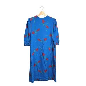 Vintage Silk Studio 100% Silk Blue Floral Tulip Midi Dress Size 6